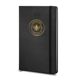 A sleek black 2027 planner with a gold emblem and an elastic closure, designed for weekly organisation.
