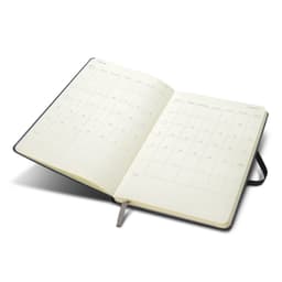 A Moleskine 2027 planner featuring an opened layout with monthly calendar pages, in a dark cover.