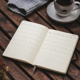 A Moleskine 2027 planner with a cream-coloured interior, opened to show weekly layouts, next to a cup of coffee.