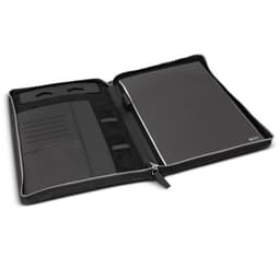 A black A4 portfolio with a zipper, featuring interior pockets and a sleek design for organisation.