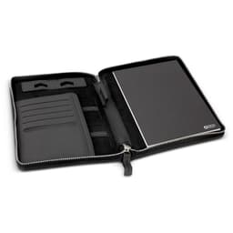 A black Swiss Peak Heritage A5 portfolio with zipper, featuring a notepad, card slots, and elastic pen holders inside.