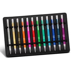 A display stand featuring twelve colourful pens arranged in a black holder, each with a silver clip and barrel.
