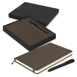 A dark green Moleskine notebook and matching pen in a black gift box. The notebook features a ribbon bookmark.