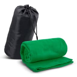 A green fleece blanket neatly rolled and packaged in a black carry bag with a drawstring.
