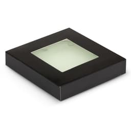 A black presentation box with a transparent window, designed to hold a set of round coasters.