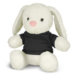 A plush rabbit toy in white with a black shirt, featuring floppy ears and a pink nose.