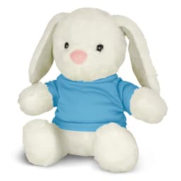 A white rabbit plush toy wearing a blue hoodie, with long ears and a pink nose, sitting upright.
