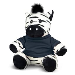 A black and white zebra plush toy wearing a navy-blue top, featuring a friendly expression and soft texture.