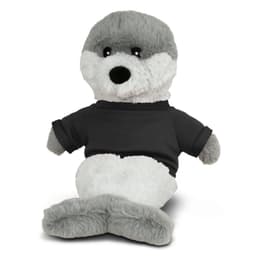 A plush seal toy with grey and white fur wearing a black shirt, featuring a logo on the shirt.