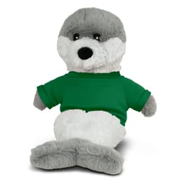 A grey and white seal plush toy wearing a green shirt, sitting upright with a friendly expression.