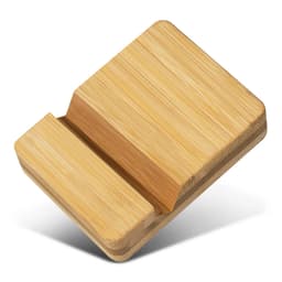 A bamboo phone stand in a natural finish with a sleek design and a slotted section for device placement.