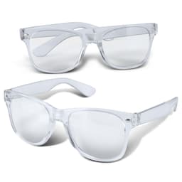 Clear blue light glasses with a stylish frame, featuring a logo on one side. Suitable for leisure and outdoor activities.