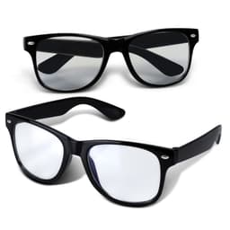 Two pairs of black Malibu blue light glasses with reflective lenses on a white background. Each pair features a logo.
