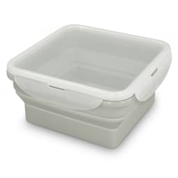 A grey collapsible lunch box with a clear lid, featuring a logo on the side.