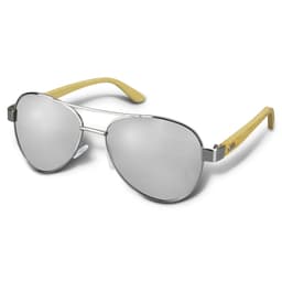 Aviator-style sunglasses with mirrored lenses and bamboo arms, featuring a sleek silver frame.