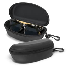 A pair of black Maverick sunglasses inside a black hard case, featuring a logo on the case's exterior.