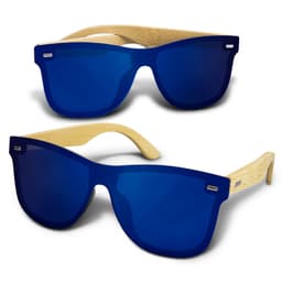 Ryder mirror lens sunglasses with blue lenses and bamboo arms, featuring a logo on the frame.