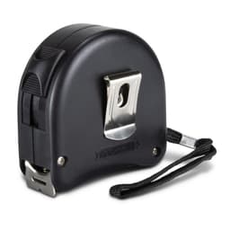 A black tape measure with a metal clip and a strap for easy carrying. It has a branded logo on its surface.
