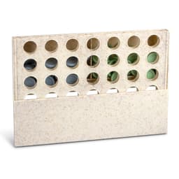 A Four in a Row game in a cream-coloured frame with multiple holes for game pieces.