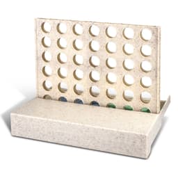 A light-coloured board game with a vertical grid and circular holes for placing game pieces.