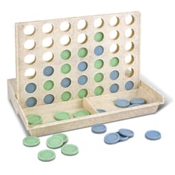 A Four in a Row game with a light-coloured board and blue and green game discs scattered around.