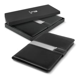 A black portfolio with a sleek design, displayed inside a black packaging box, featuring a logo.
