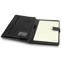 A black portfolio with a zip pocket, card slots, and a notepad holder featuring a branding logo.