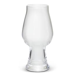 A clear glass beer glass with a unique shape, featuring a wide base and flared top, perfect for beer.