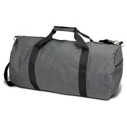 A grey duffle bag with black straps and a padded handle, featuring a side zip closure and a branding logo.