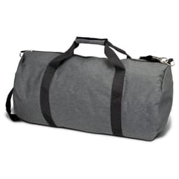 A grey duffle bag with black straps and a handle, featuring a logo on the side.
