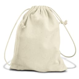 A cream drawstring bag made of canvas material, featuring a simple, unadorned design.