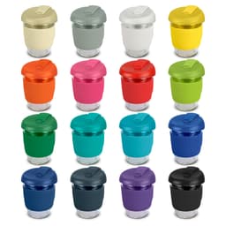 A drink bottle collection featuring various colours, including grey, orange, pink, green, and blue, with lids in matching hues.