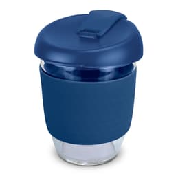 A drink bottle featuring a navy silicone sleeve and lid, made from clear borosilicate glass, holds 350ml.