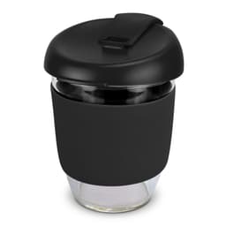 A drink bottle in black borosilicate glass with a matching lid and silicone sleeve for grip. Features a logo.