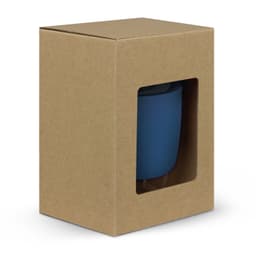 A drink bottle in a blue hue displayed in a cardboard box with a clear window. Contains a logo.