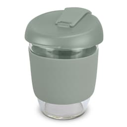 A drink bottle with a light green silicone sleeve and matching lid, featuring a clear borosilicate glass body.