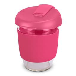 A drink bottle featuring a clear borosilicate body with a pink silicone sleeve and matching lid. It has a logo.