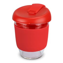 A drink bottle featuring a transparent borosilicate glass body with a red silicone sleeve and lid.
