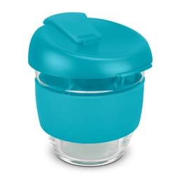 A drink bottle in turquoise with a borosilicate glass body and a matching screw lid, featuring a silicone grip.