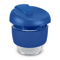 A drink bottle with a blue silicone lid and base, featuring a clear borosilicate glass body and a logo.