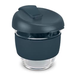 A drink bottle featuring a borosilicate glass body with a dark grey silicone sleeve and lid.