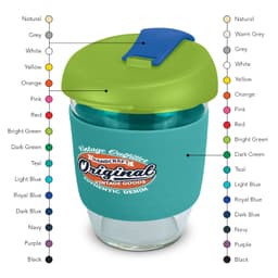 A drink bottle made of borosilicate glass, featuring a teal body and a green lid, with a logo.