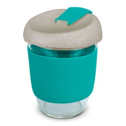 A drink bottle featuring a teal silicone sleeve, clear glass body, and a beige lid with a clip. It has a logo design on it.
