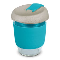 A drink bottle featuring a turquoise silicone sleeve and a light grey lid, made from natural materials.