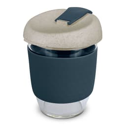 A drink bottle featuring a natural beige lid and a dark blue silicone sleeve, made of glass. It has a logo.
