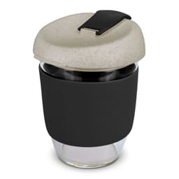 A drink bottle featuring a glass base, black silicone sleeve, and a light grey lid with a clasp. It has a logo.