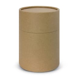 A cylindrical, natural kraft cardboard container with a lid, featuring a smooth surface and minimal design.