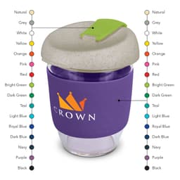 A drink bottle featuring a purple body, a grey lid, and a green toggle, with a logo displayed on the front.