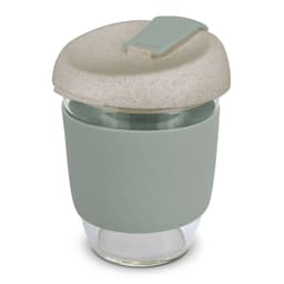 A drink bottle featuring a transparent glass body, a soft green silicone sleeve, and a speckled green lid.