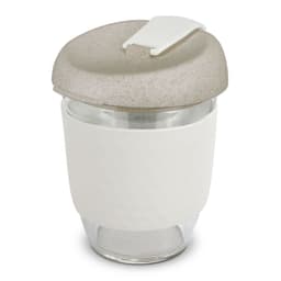 A drink bottle featuring a clear body with a beige, textured lid and a white silicone sleeve.